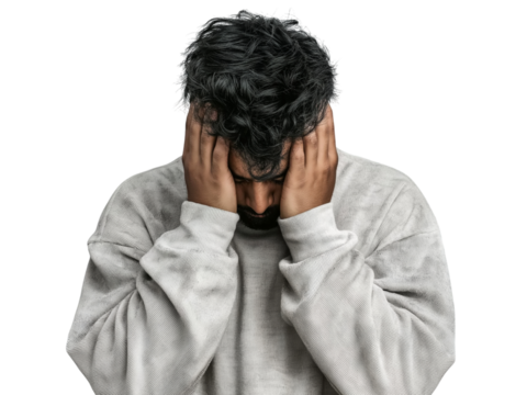 Man holding head in despair isolated on a transparent background