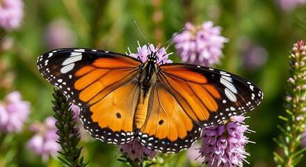 Fototapeta premium Close up of a vibrant monarch butterfly with orange wings feeding on a purple flower