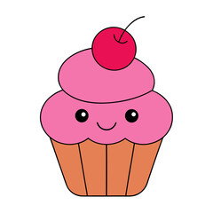 Adorable kawaii smiling cupcake vector illustration pink swirl cherry dessert isolated on white background