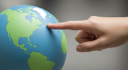 Close up of a human finger pointing to north america on a spinning globe