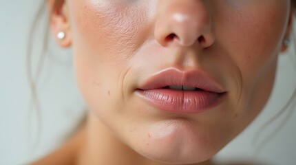 Fototapeta premium Close-up of a young woman's face, showcasing natural beauty and subtle makeup with emphasized lips and skin texture.
