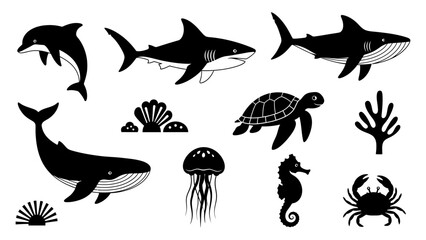 Black and White Vector Silhouettes of Marine Animals and Ocean Elements