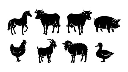 Black White Isolated Farm Animal Vector Silhouettes Collection
