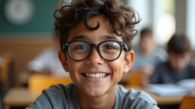 Cheerful young boy with curly hair and glasses smiles brightly in a classroom setting.