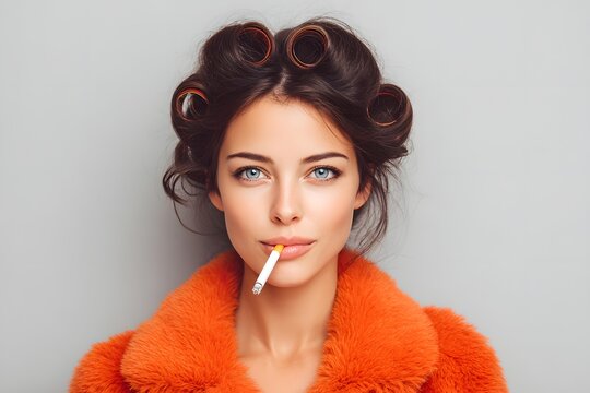 Stylish woman with cigarette and hair rollers wearing bright orange fur coat against gray background