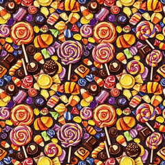 Colorful, vibrant, seamless pattern of Halloween candies, lollipops and sweet Treats, in festive Halloween colors, perfect for product packaging, party decor and kids apparel