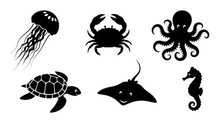 Black and White Marine Life Silhouettes Vector Illustration Set on White