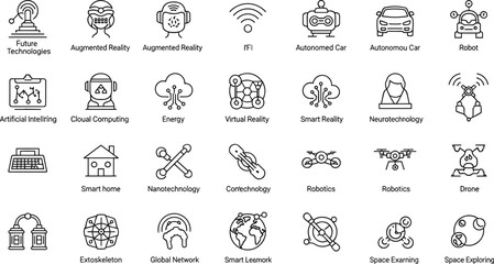 Obraz premium Future technologies, innovation, artificial intelligence, robotics, augmented reality, virtual reality, smart home, drone, nanotechnology icons, black and white vector set, outline