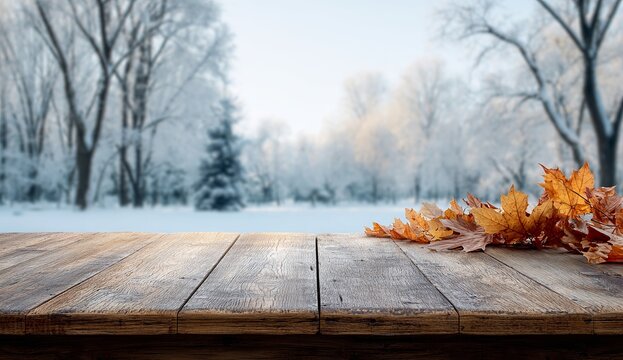 The wooden table is covered with fallen leaves, sunlight filtering through the colorful foliage. the scene captures a serene atmosphere with a focus on natural beauty.
