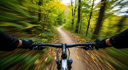First person view of mountain biking on a winding dirt trail through a vibrant autumn forest