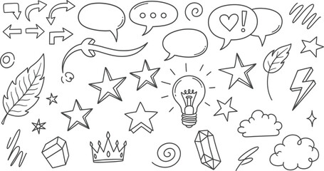 Obraz premium Black Line Art Doodle Design with Arrows, Speech Bubbles, Stars and Crown Elements