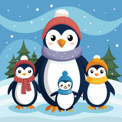Fototapeta premium Cute penguins standing in winter snow scene, adorable holiday vector illustration for Christmas greeting cards, kids’ art, and winter celebration designs.