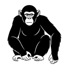 Minimalist Black and White Vector Illustration of a Seated Chimpanzee