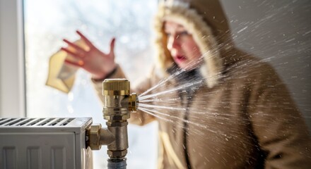 Leaking radiator with splashing water and shocked woman near window. Leaking radiator shows faulty plumbing in winter season, and the woman is wearing a coat with hood for warmth.
