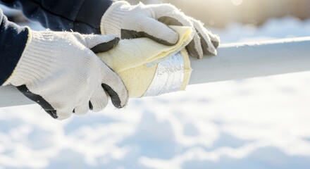 Insulating pipe during winter to prevent freezing, pipe insulation in cold season with worker applying insulation materials.
