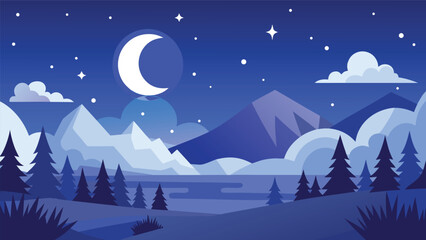 Scenic snowy lake and mountain under moonlight, tranquil winter season landscape vector illustration, cold nature background for Christmas, New Year, and holiday projects in flat modern design.