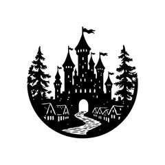 Silhouette of a medieval castle with a village and trees