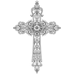 Elegant Black and White Ornate Cross with Floral Details