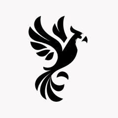 Stylized black bird with spreading wings and ornate tail feathers