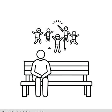 Single person sitting on a park bench contemplating a group of happy people.