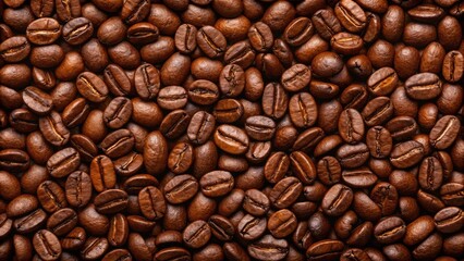 Fototapeta premium Closeup, detailed view of roasted coffee beans, showcasing their rich texture and color