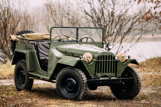 Russian Soviet World War II Four-wheel Drive Army Truck Gaz-67 Car In Forest