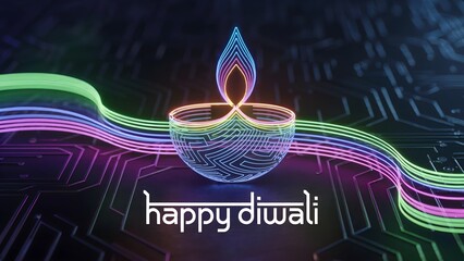 A futuristic Diwali celebration card for a tech company showcasing a mesmerizing diya crafted from intricate circuit lines and vibrant neon light patterns against a deep, dark digital background. 