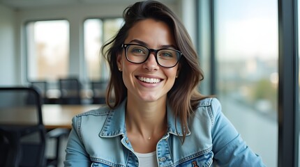 Smiling young woman with brown hair and glasses in a modern workspace, radiating confidence and positivity.
