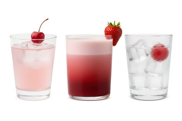 Three refreshing pink and red cocktails in clear glasses with ice, cherry, and strawberry garnish on a pure white background, showing vibrant tones and smooth textures.