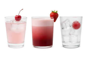 Three refreshing pink and red cocktails in clear glasses with ice, cherry, and strawberry garnish on a pure white background, showing vibrant tones and smooth textures.