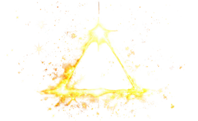 Glowing gold triangle encircled by sparkling burst on black background