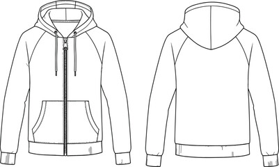 Hooded sweatshirt technical sketch, front and back view, raglan sleeve hoodie, zipper closure, fashion flat drawing, garment design, CAD illustration © Ismail