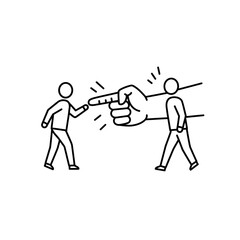 Two people and a giant pointing finger in a conflict situation.