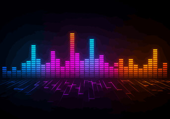 Colorful Audio Equalizer Bars with Reflection on Dark Background.