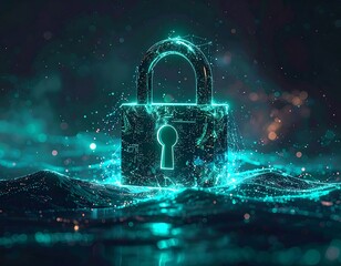 A glowing padlock floats on a water-like surface composed of particles. A network surrounds it, suggesting digital security or protection