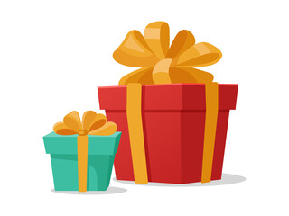 Two festive gift boxes, one red and one green, tied with golden bows, perfect for holiday designs and celebrations.