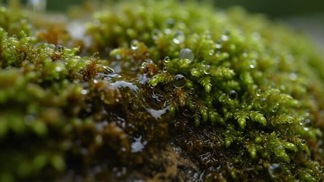 Slow Motion Macro: Crystal Clear Water Dripping onto Lush Green Moss, Glistening with Droplets