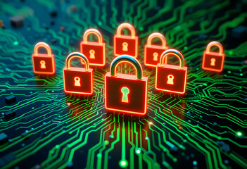 glowing digital padlocks on green circuit board symbolizing cybersecurity and data protection