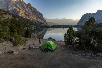 Tourist tent at the shore of Alauddin lake in Fann Mountains Tajikistan © Natalia