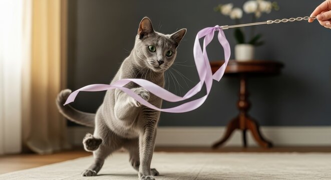 Playful Russian Blue cat chasing a ribbon toy at home