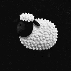 A simple, graphic illustration of a sheep with a black head and white fluffy body on a black background