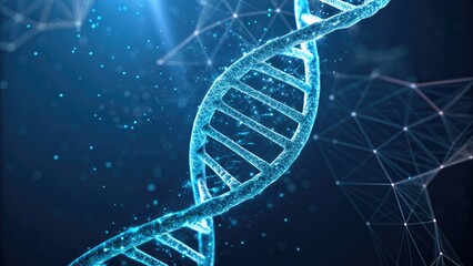 Abstract glowing blue dna helix structure with connecting nodes and particles dark