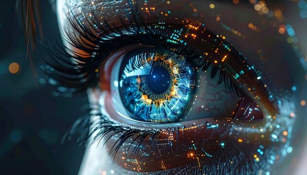 A macro, highly detailed shot of an eye with a mesmerizing blue iris. Subtle digital lines and glowing nodes cascade around the eye