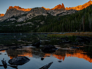 First light on high mountain peaks in the Idaho wilderness