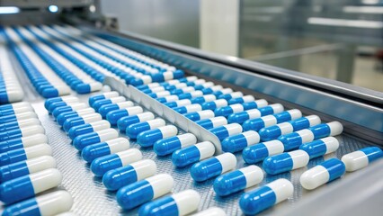 Obraz premium Blue and white capsules conveyor belt in pharmaceutical manufacturing plant