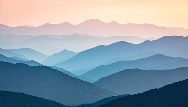 Serene mountain landscape at sunrise with soft pastel colors in blue and pink hues fading into the distance creating layers of mist and haze