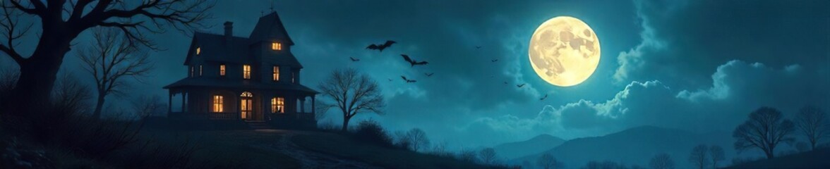Spooky Haunted House Silhouette at Midnight Full Moon, Bats, Halloween Background