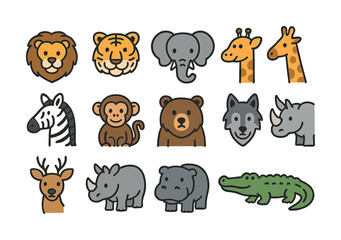 Fototapeta premium Colorful cartoon animal icons featuring lions, tigers, elephants, and more