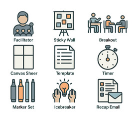 Facilitation tools: sticky wall, breakout, canvas, timer, markers, template, icebreaker, recap
