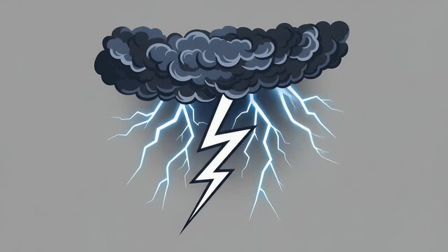 Cartoon depiction of a dark cloud with white and blue lightning strikes over a gray backdrop